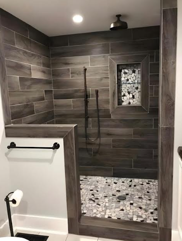 River Stone & Wood-Tile Custom Shower Enclosure